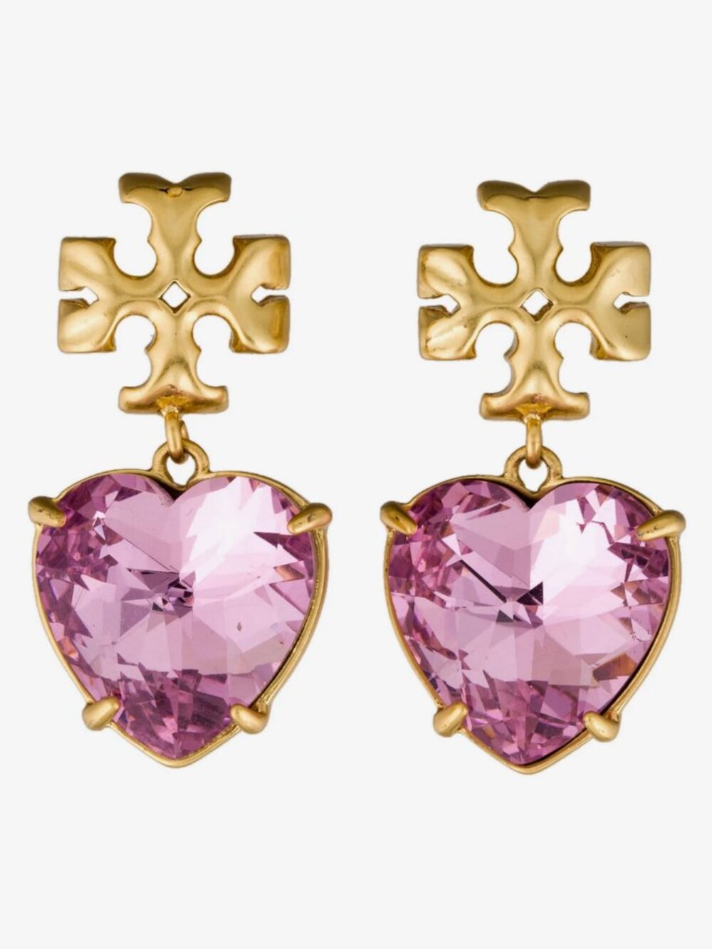 Tory Burch Miller Crystal Heart Drop Earrings Pink Heart Statement Earrings Gold